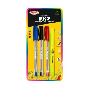 Set 3 Bolígrafos FX2 0.7mm (Azul, Rojo, Negro) + Resaltador Artel